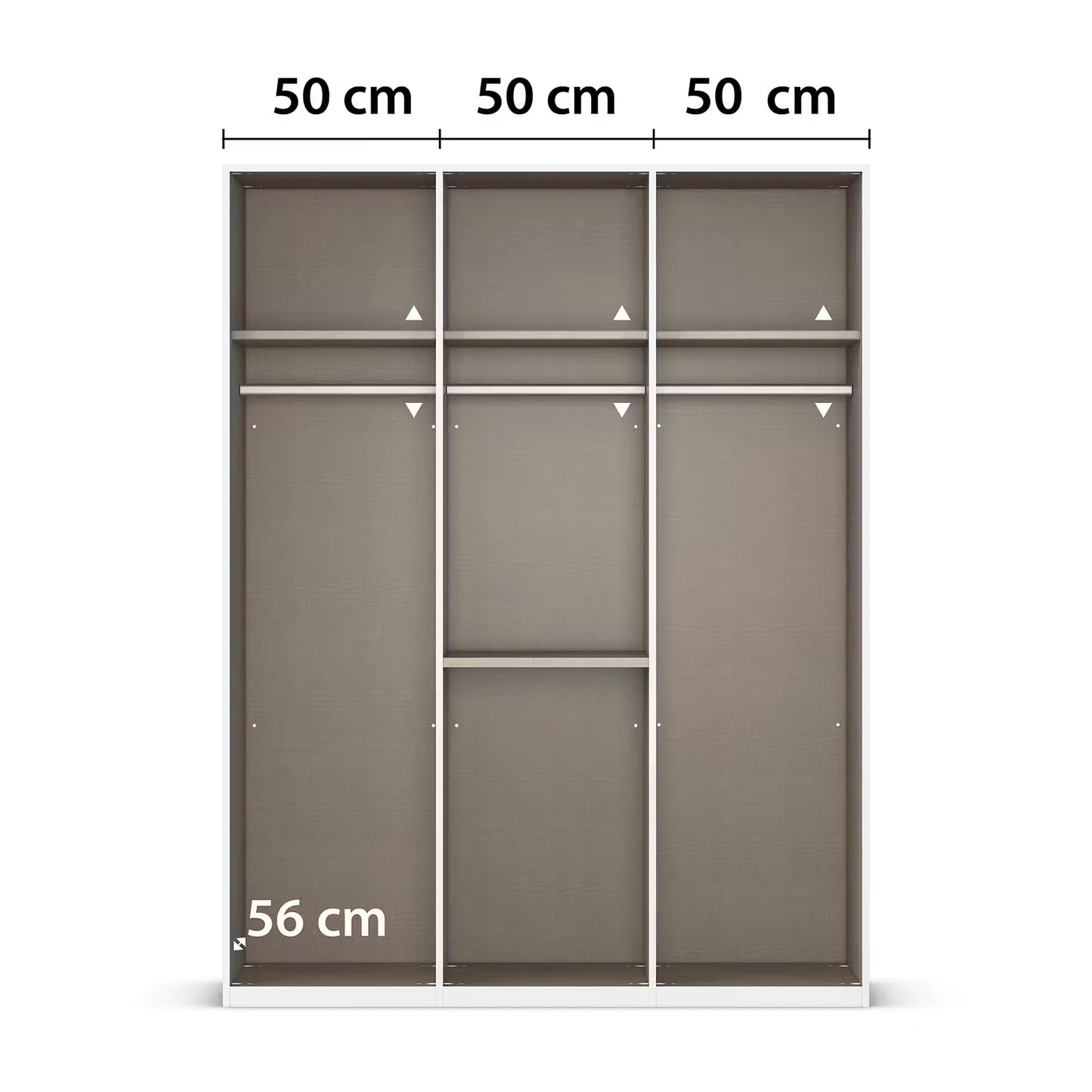 Rauch Alabama 3-door wardrobeInterior View shown from the front on a white background, with overlaid dimension labels indicating 50 cm width across three sections, 50 cm depth, and 56 cm height.