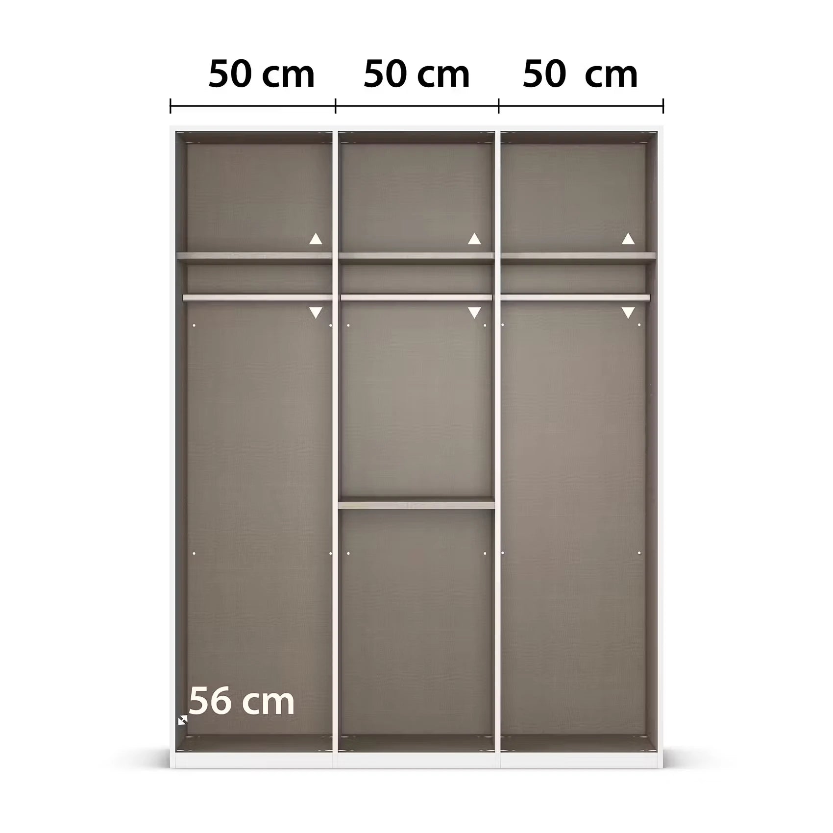 Rauch Alabama 3-door wardrobeInterior View shown from the front on a white background, with overlaid dimension labels indicating 50 cm width across three sections, 50 cm depth, and 56 cm height.