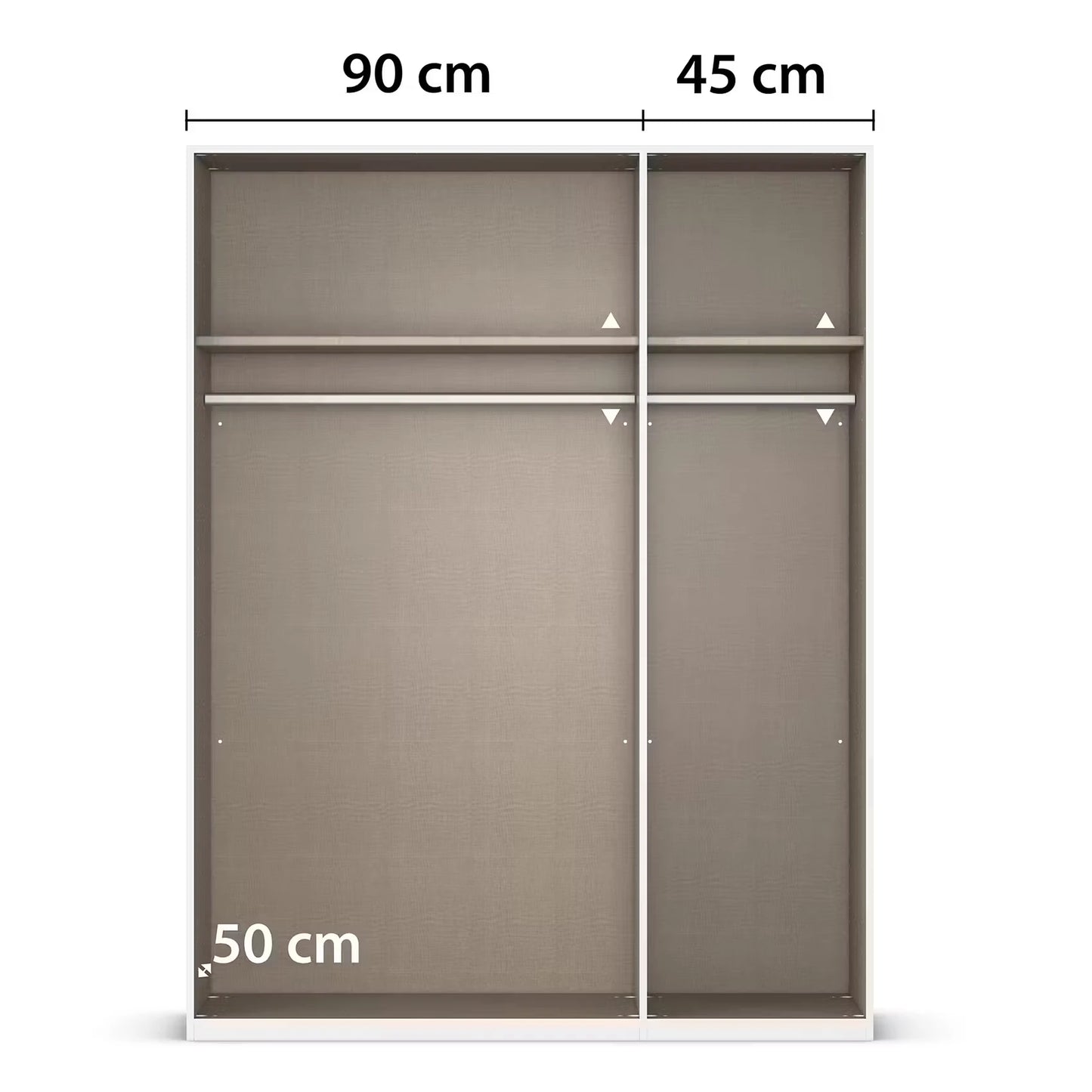 A closet or wardrobe interior shown from the front without doors with dimension labels: 90 cm across the top, 45 cm on the right, and 50 cm height on the lower left, on a white background.