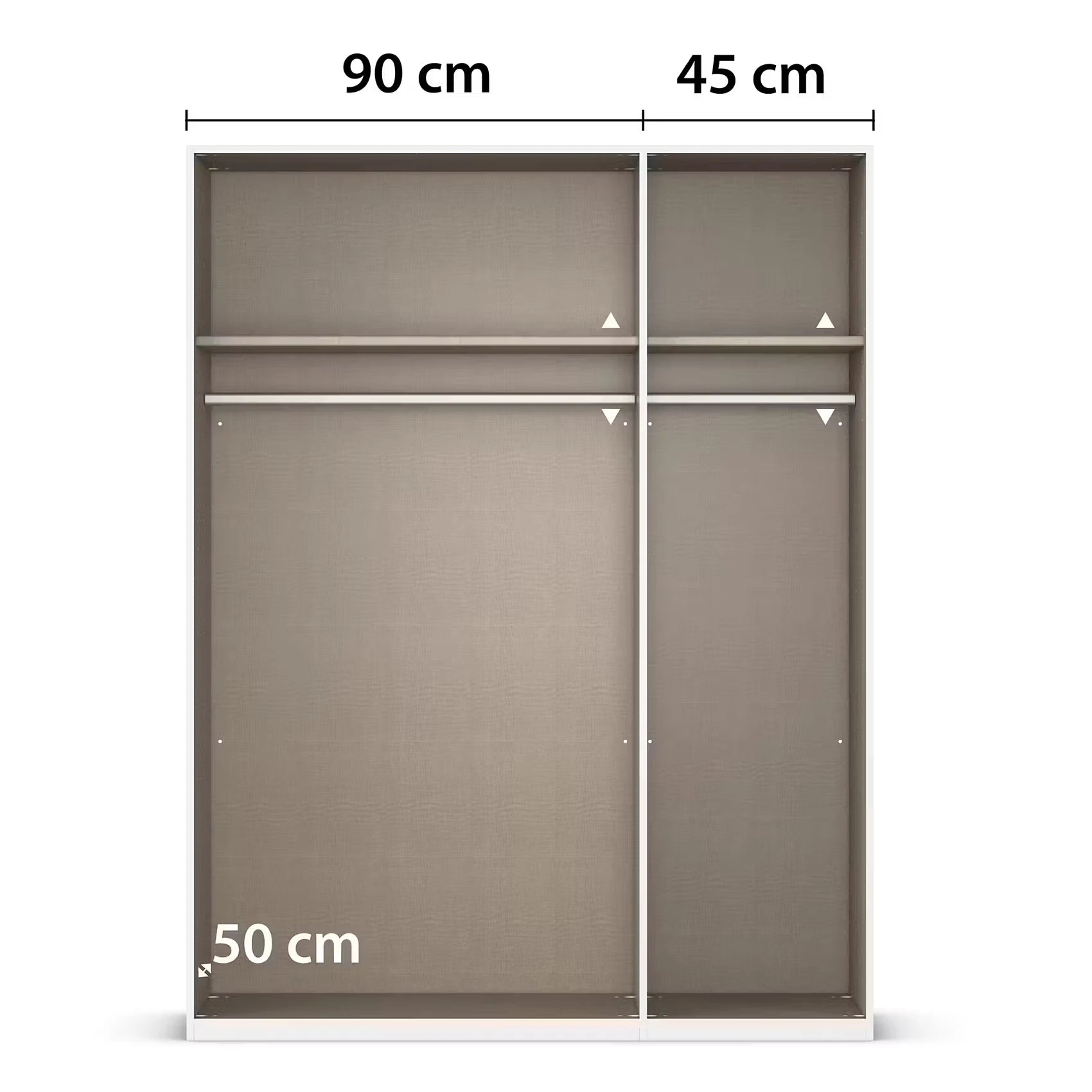 A closet or wardrobe interior shown from the front without doors with dimension labels: 90 cm across the top, 45 cm on the right, and 50 cm height on the lower left, on a white background.