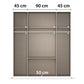 A Rauch Alabama 4 Door combi wardrobe organiser shown front-on with overlaid dimension labels: 45 cm across the top, 90 cm in the centre, 45 cm on the right, and 50 cm near the bottom, on a white background.