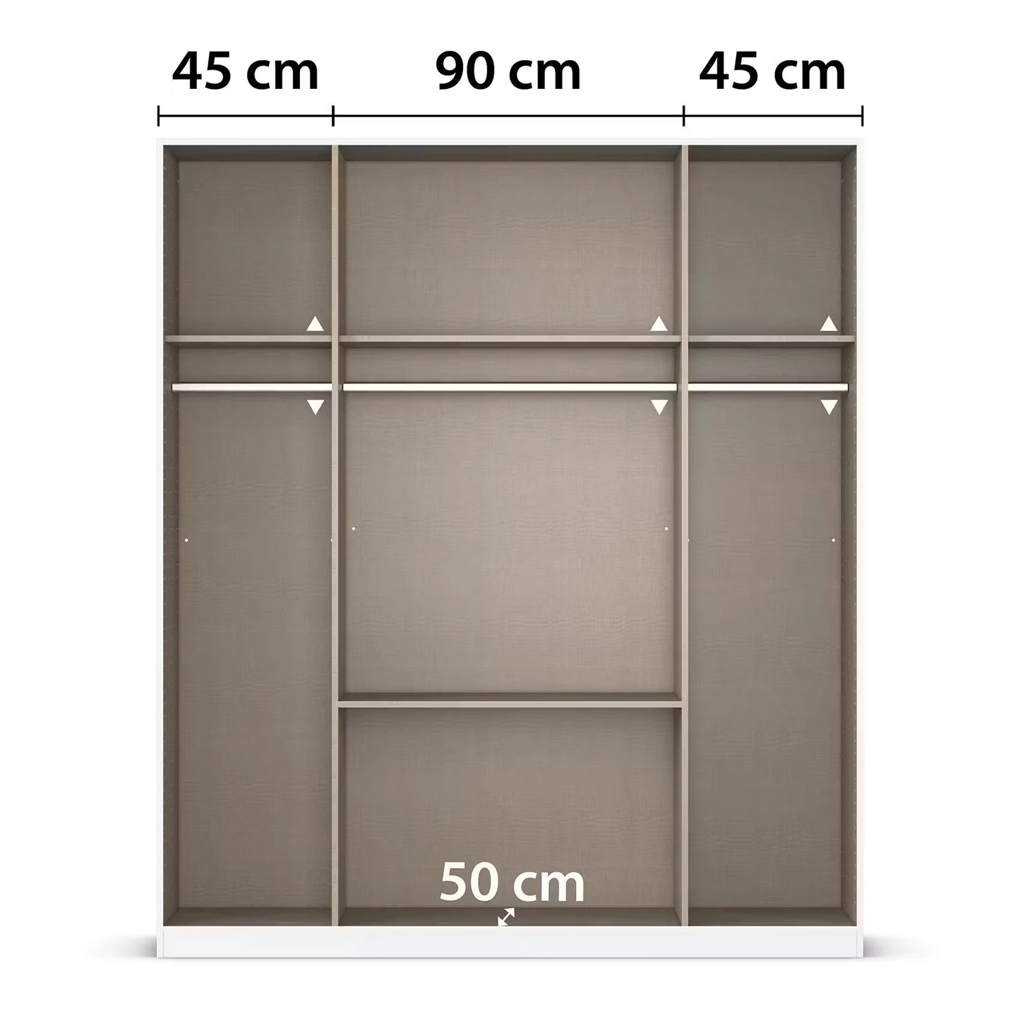 A Rauch Alabama 4 Door combi wardrobe organiser shown front-on with overlaid dimension labels: 45 cm across the top, 90 cm in the centre, 45 cm on the right, and 50 cm near the bottom, on a white background.