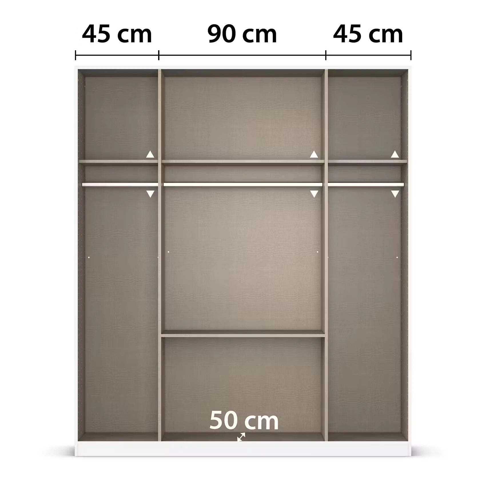 A Rauch Alabama 4 Door combi wardrobe organiser shown front-on with overlaid dimension labels: 45 cm across the top, 90 cm in the centre, 45 cm on the right, and 50 cm near the bottom, on a white background.