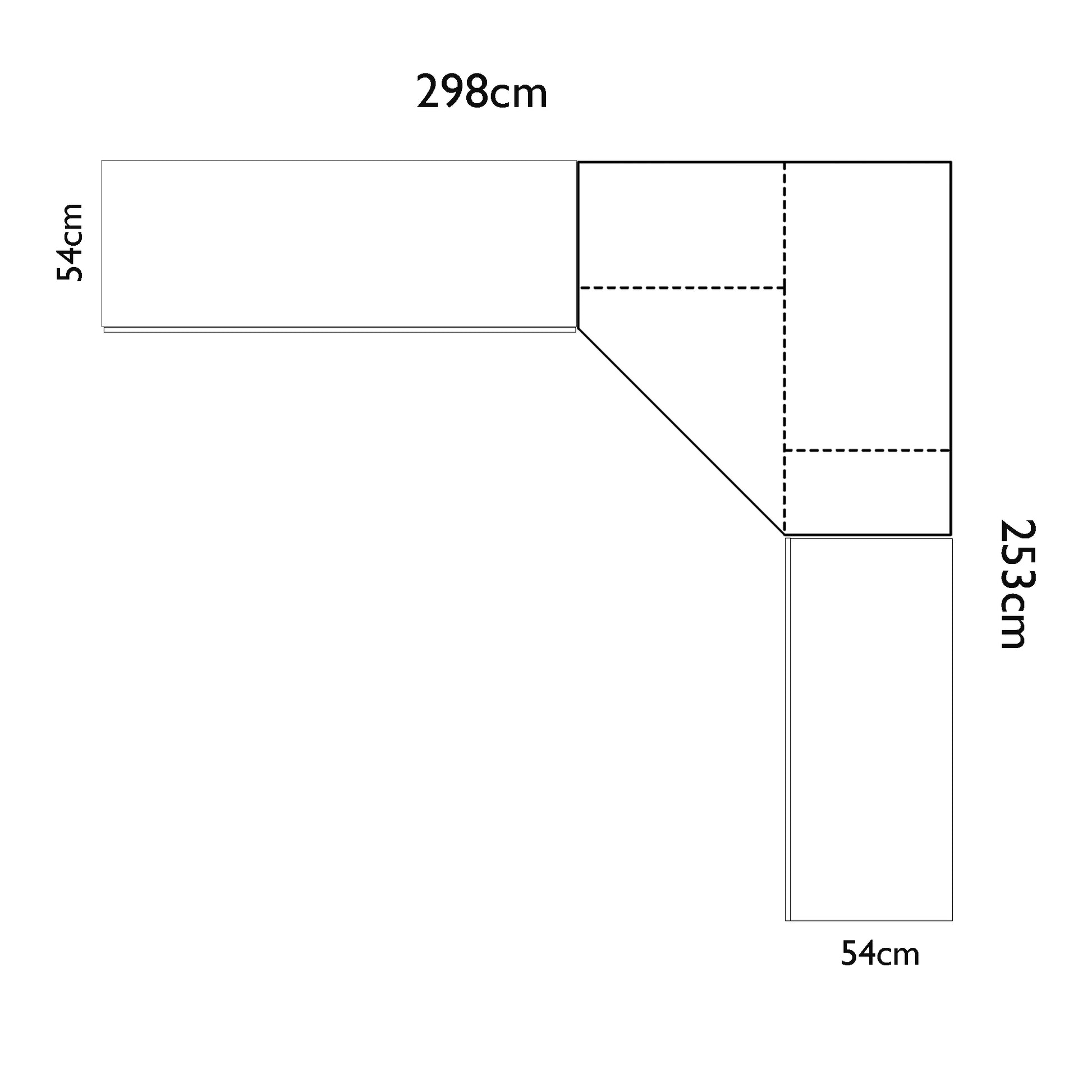 A simple black-and-white line drawing showing Rauch Alabama Corner Wardrobe drawing with dimension labels: 298 cm across the top, 253 cm on the right, and 54 cm on the left and bottom.
