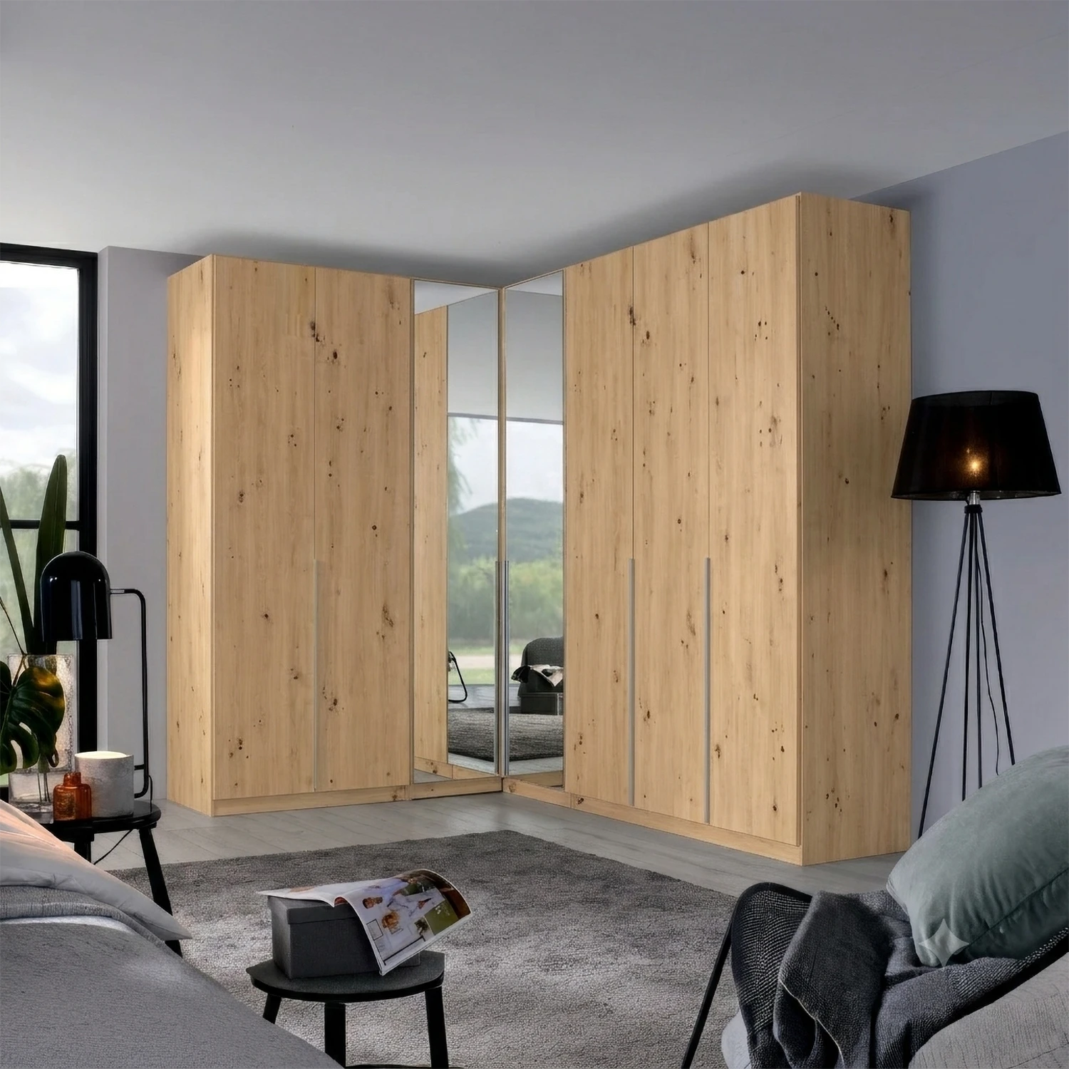 A large corner wardrobe with light natural wood grain doors and mirrored sliding panels, shown in a modern bedroom setting.