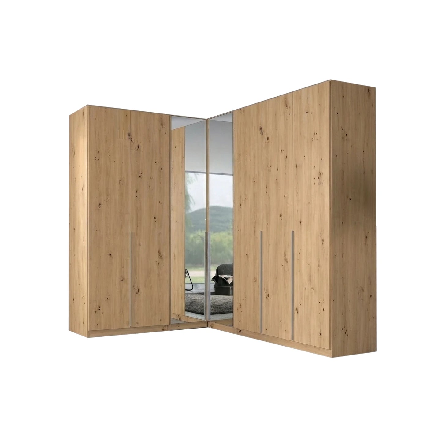 Rauch Alabama Artisan Oak colour Corner Wardrobe with 2 Door & 3 Door Combination, Corner unit has Mirror front