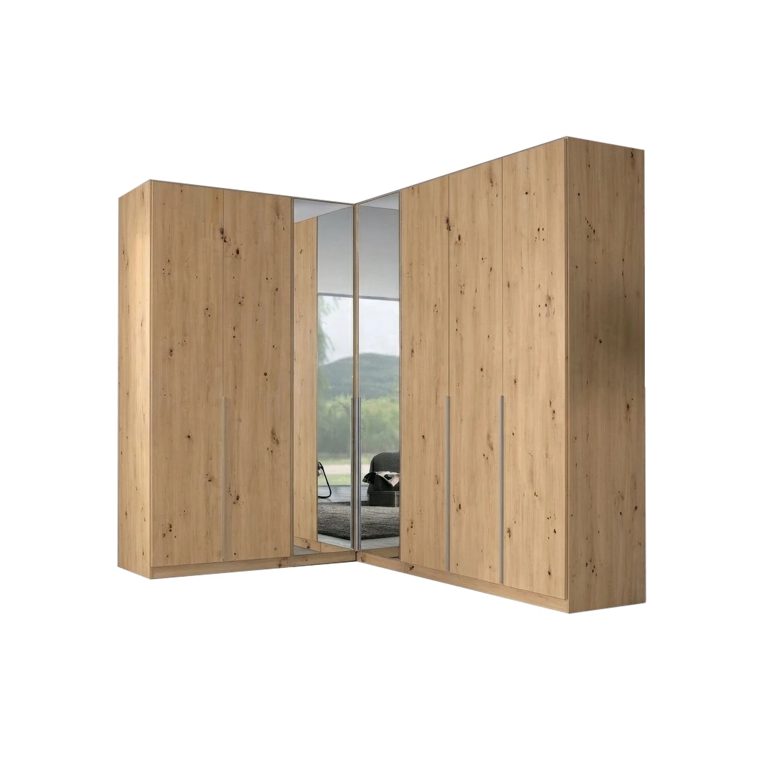 Rauch Alabama Artisan Oak colour Corner Wardrobe with 2 Door & 3 Door Combination, Corner unit has Mirror front