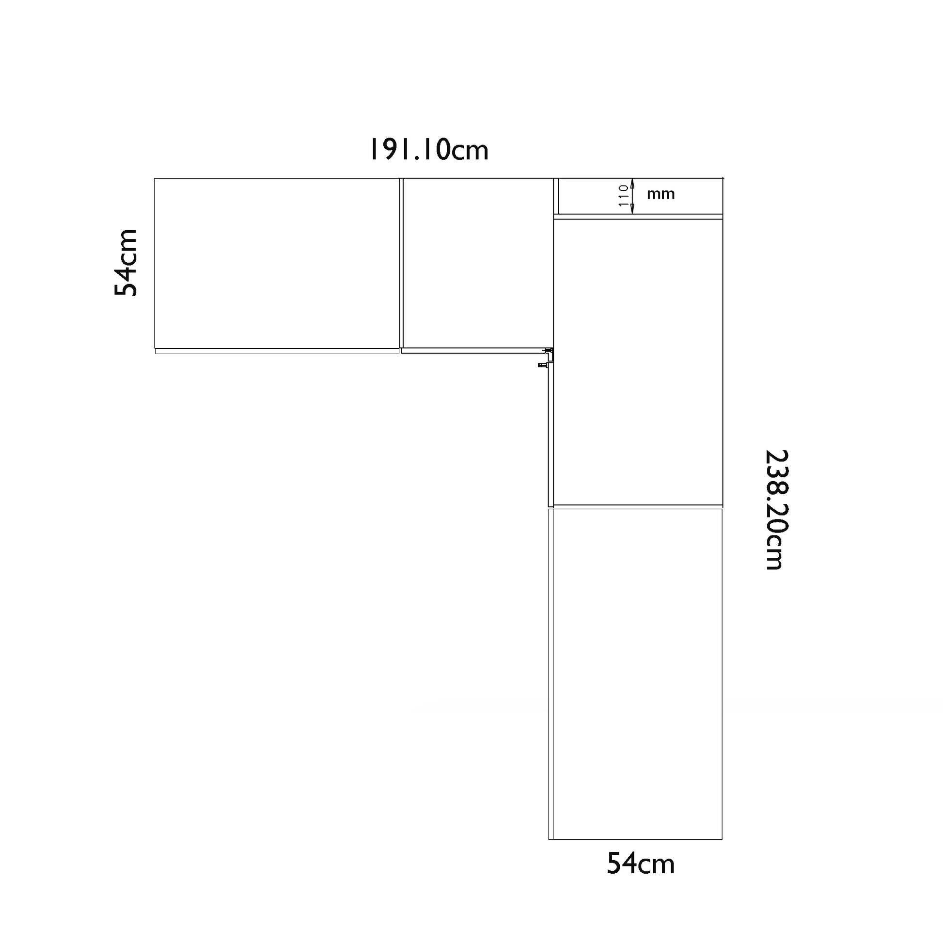 A black and white dimension diagram of an L-shaped Rauch Alabama Decor Chamagne colour Corner Wardrobe with 2 Door & 3 Door Combination, Corner unit has Mirror front, showing measurements of 191.10cm, 238.