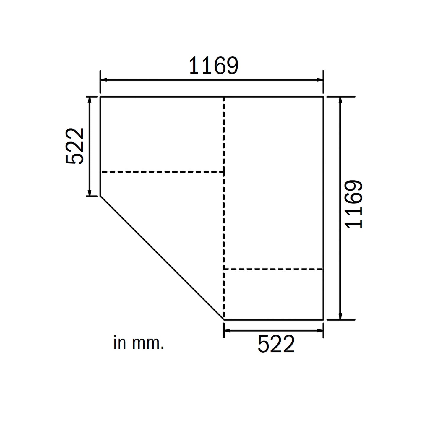 A black-and-white technical dimension drawing of a Rauch Corner Wardrobe Unit, with measurements labeled in millimeters including 1169, 522, and 1169.