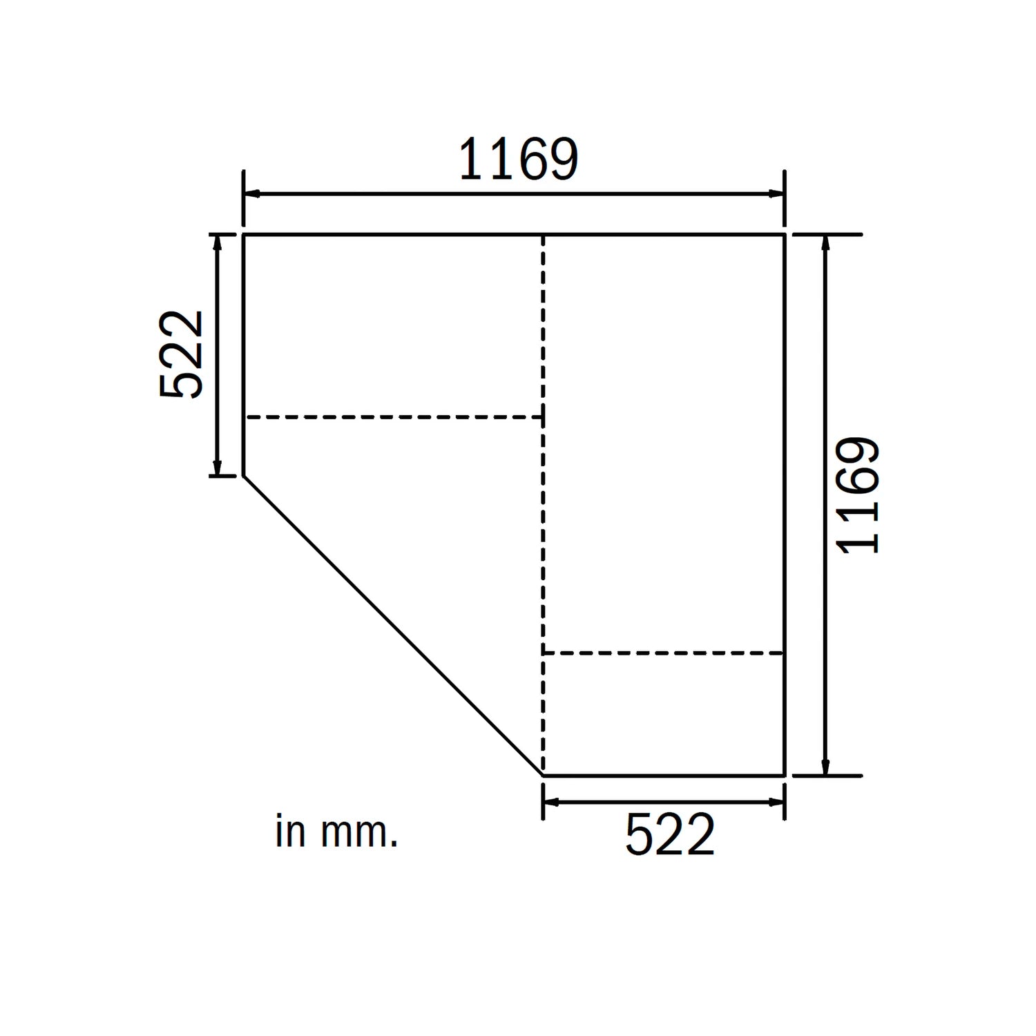 A black-and-white technical dimension drawing of a Rauch Corner Wardrobe Unit, with measurements labeled in millimeters including 1169, 522, and 1169.