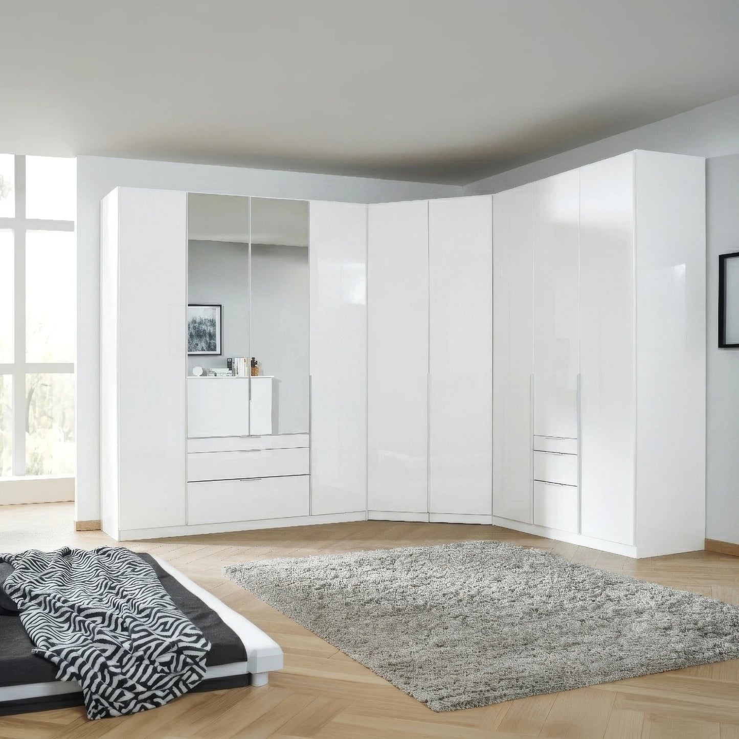 Rauch Alabama White High Gloss Corner Wardrobe – 4 Door & 3 Door Combi