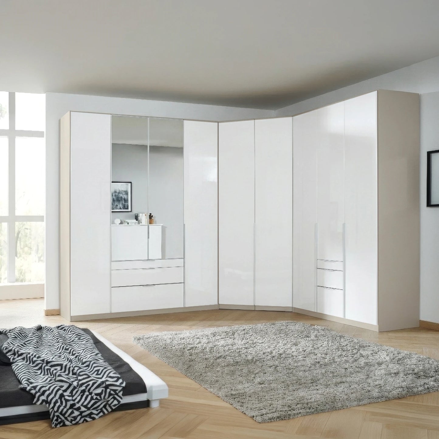 Rauch Alabama White High Gloss Corner Wardrobe – 4 Door & 3 Door Combi