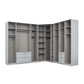 A modular light gray walk-in closet organizer system with multiple shelves, hanging rods, and two drawers, shown on a plain white background.