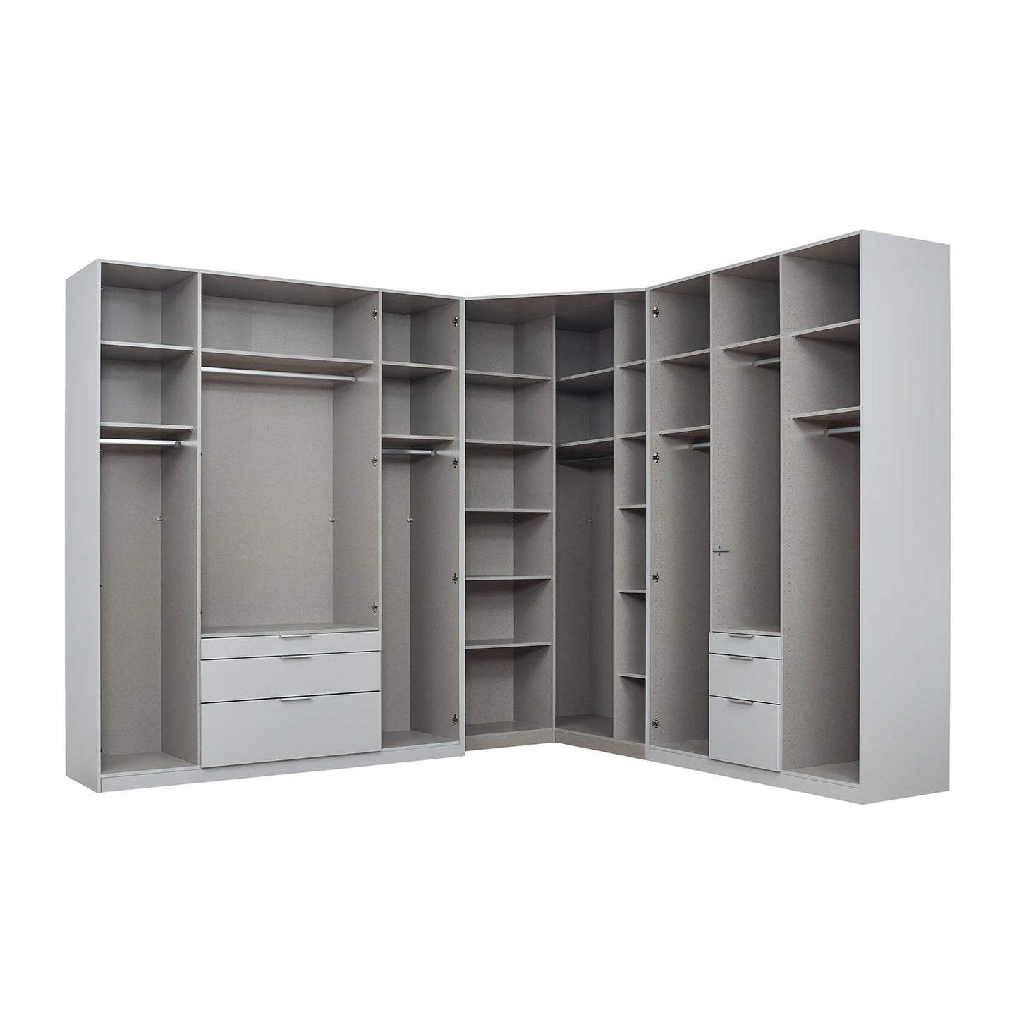 A modular light gray walk-in closet organizer system with multiple shelves, hanging rods, and two drawers, shown on a plain white background.