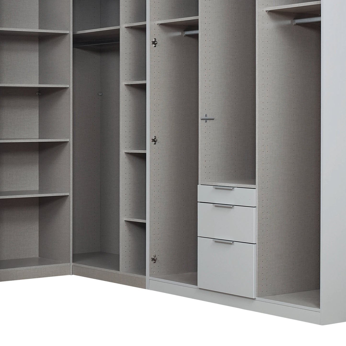 Gray modular closet organizer with open shelving, hanging rods, and two white drawers with silver handles.