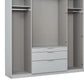 A modern light gray open wardrobe or closet organizer with two upper hanging rods, two side shelves, two center drawers, and a central open storage space, shown on a plain white background.