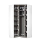 White modular Rauch Alabama Corner storage closet organiser with shelves and hanging space, shown with overlaid dimension labels and arrows indicating measurements.