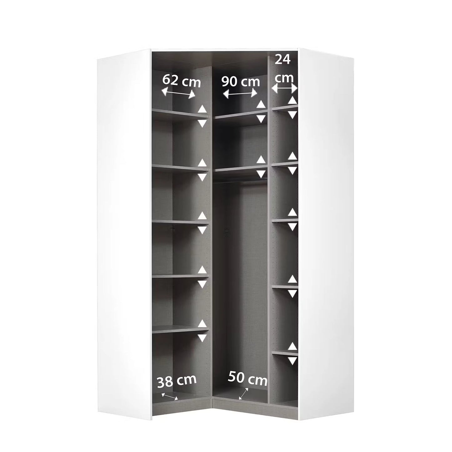 White modular Rauch Alabama Corner storage closet organiser with shelves and hanging space, shown with overlaid dimension labels and arrows indicating measurements.