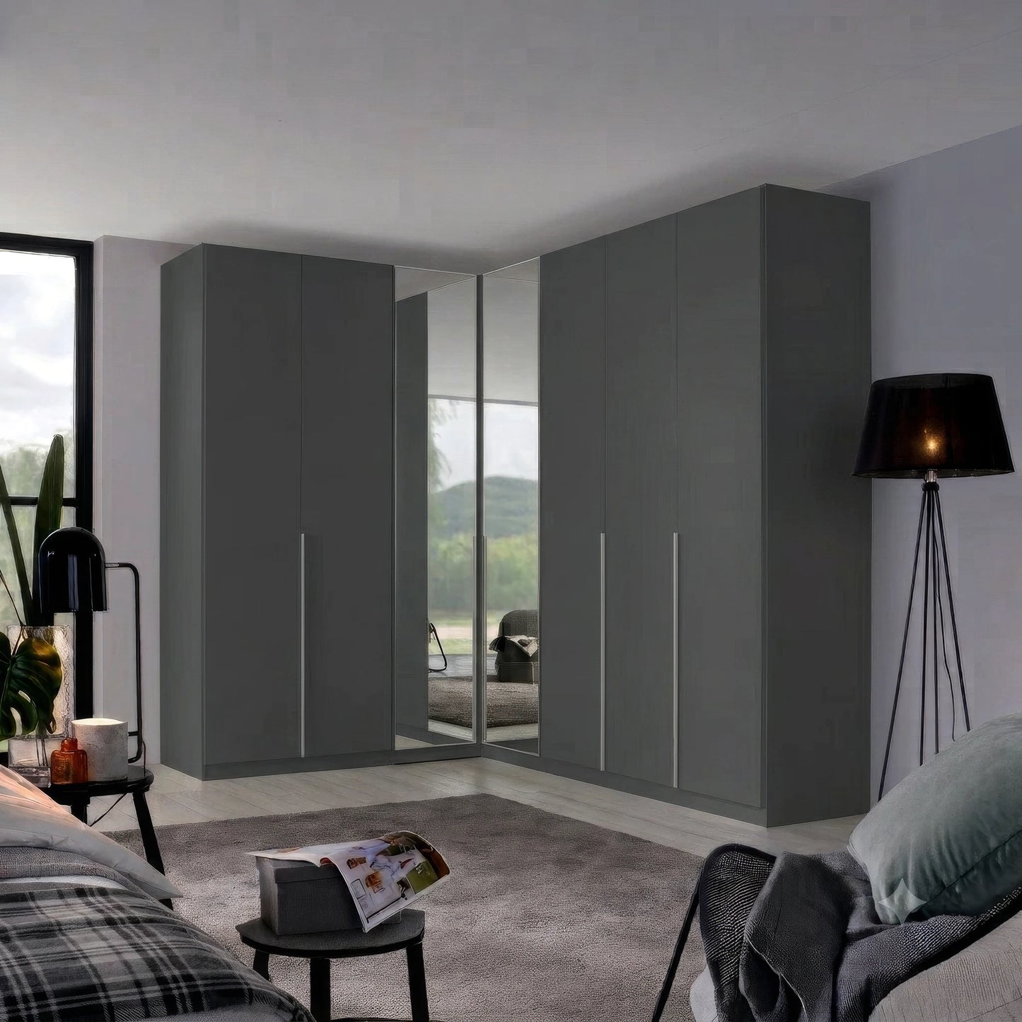 Rauch Alabama Decor Metallic Grey colour Corner Wardrobe with 2 Door & 3 Door Combination, Corner unit has Mirror front