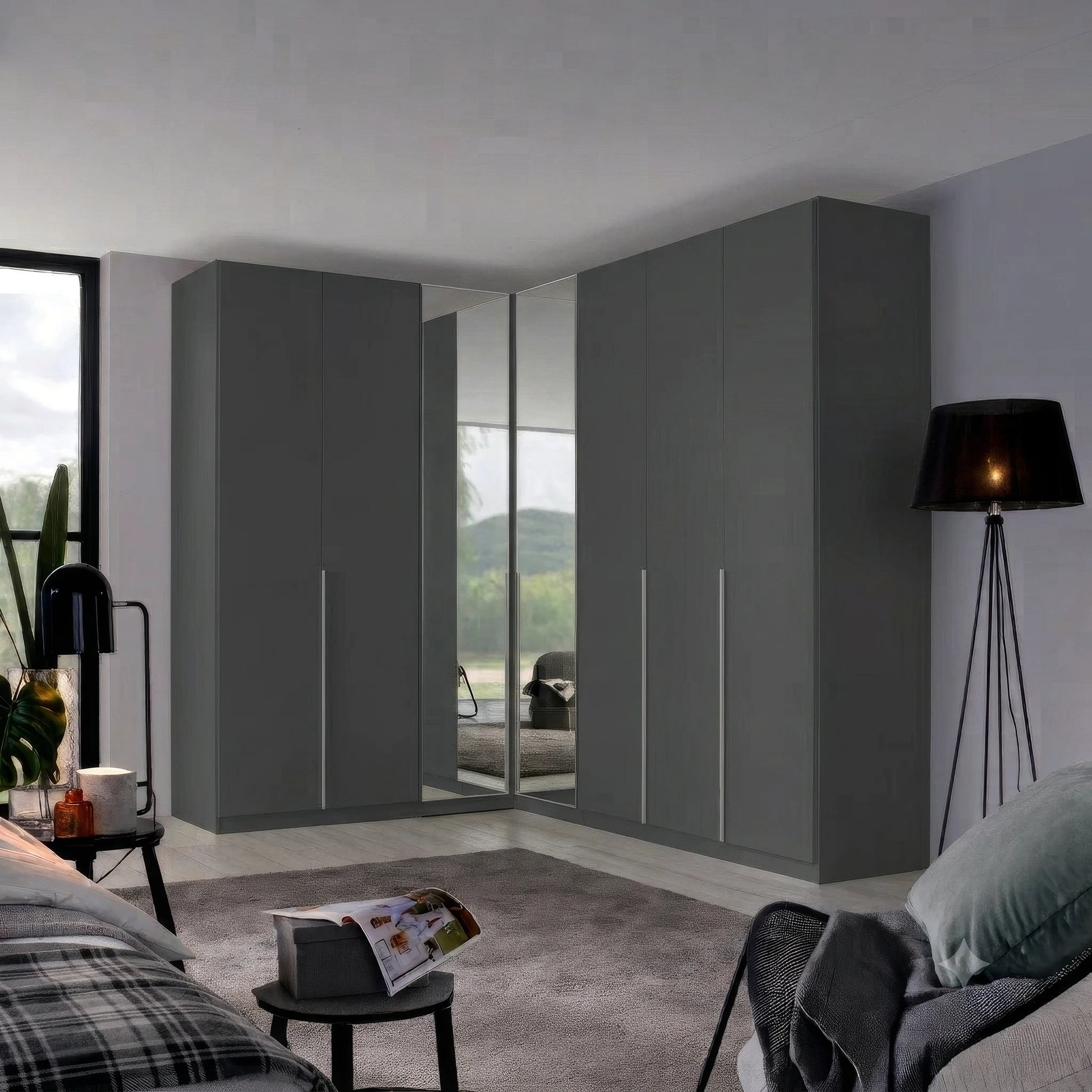 Rauch Alabama Decor Metallic Grey colour Corner Wardrobe with 2 Door & 3 Door Combination, Corner unit has Mirror front