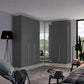 A set of modern dark gray wardrobe doors with integrated vertical mirrors, shown installed in a contemporary bedroom setting.