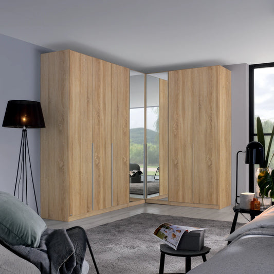 Rauch Alabama Sonoma Oak colour Corner Wardrobe with 2 Door & 3 Door Combination, Corner unit has Mirror front