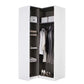A tall white open wardrobe or closet organizer with dark gray interior shelves and hanging rods, shown on a plain white background. The wardrobe is styled with folded towels, folded garments, and a pair of high heels inside.