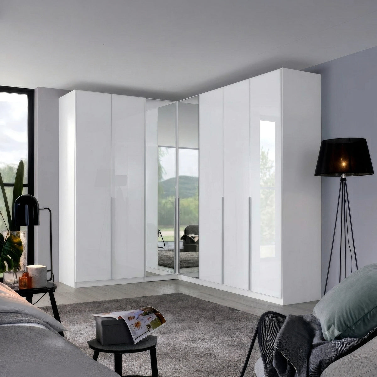 Shop the Rauch Alabama White High Gloss Corner Wardrobe with mirrored corner doors, multiple carcase colours, two height options and a 10-year guarantee.