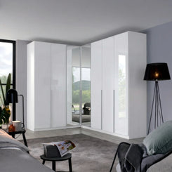 Shop the Rauch Alabama White High Gloss Corner Wardrobe with mirrored corner doors, multiple carcase colours, two height options and a 10-year guarantee.