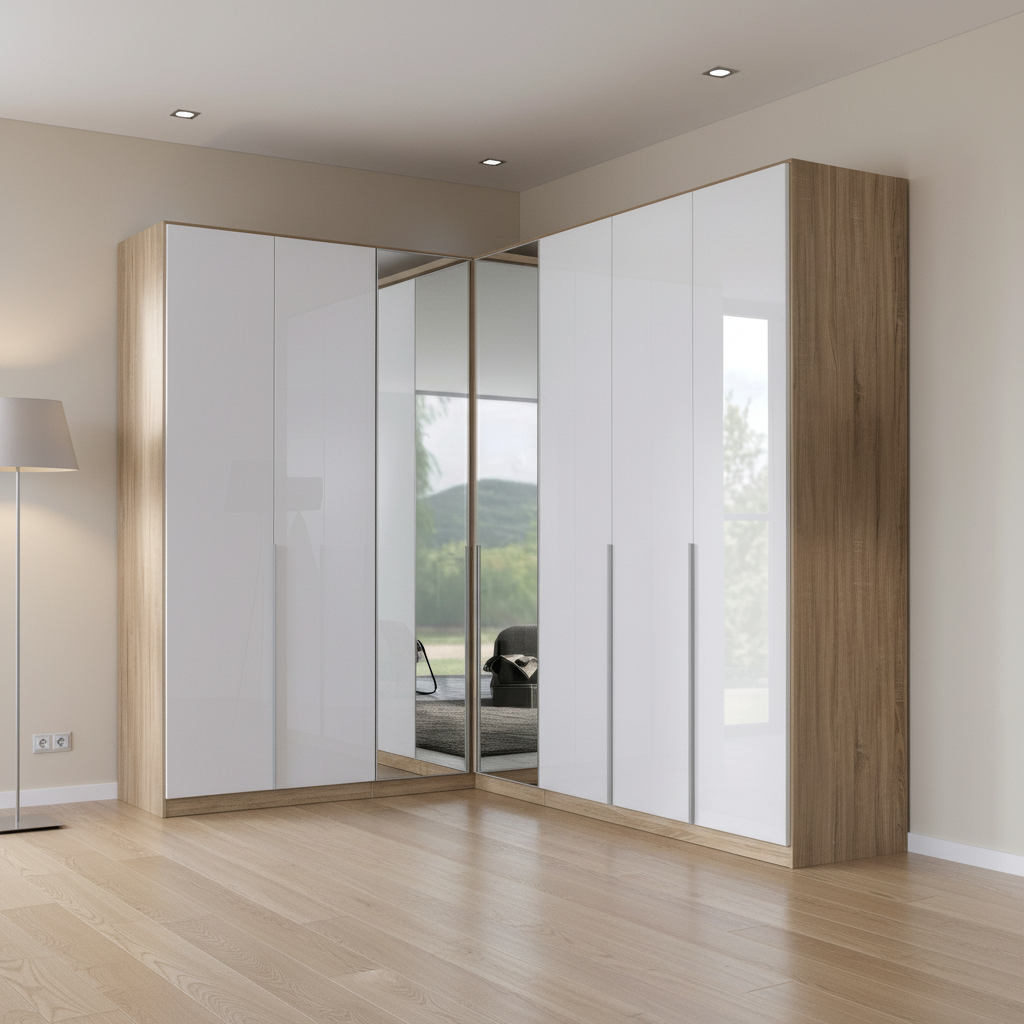 Rauch Alabama White High Gloss Corner Wardrobe with Oak Carcase
