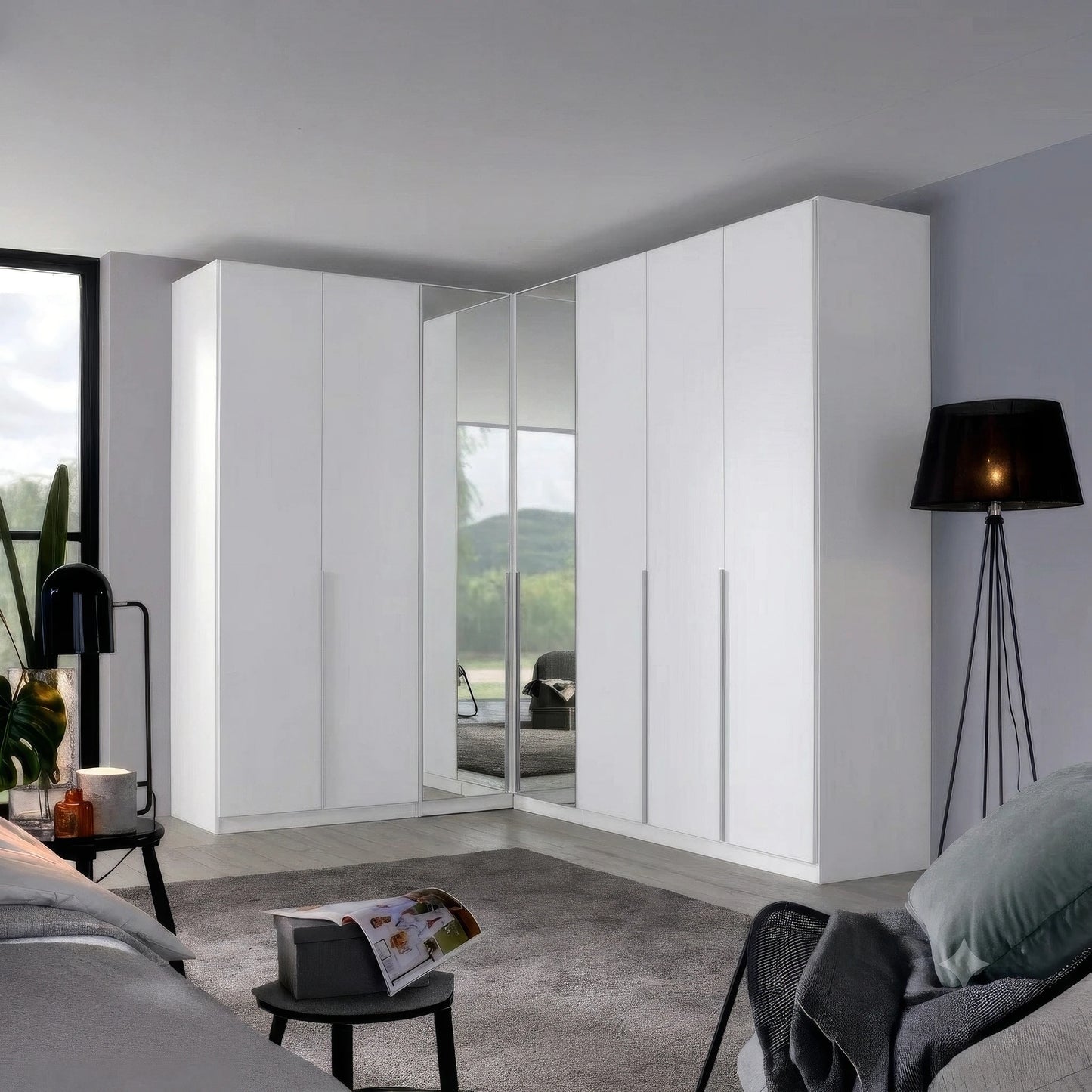 Rauch Alabama Decor White  colour Corner Wardrobe with 2 Door & 3 Door Combination, Corner unit has Mirror front