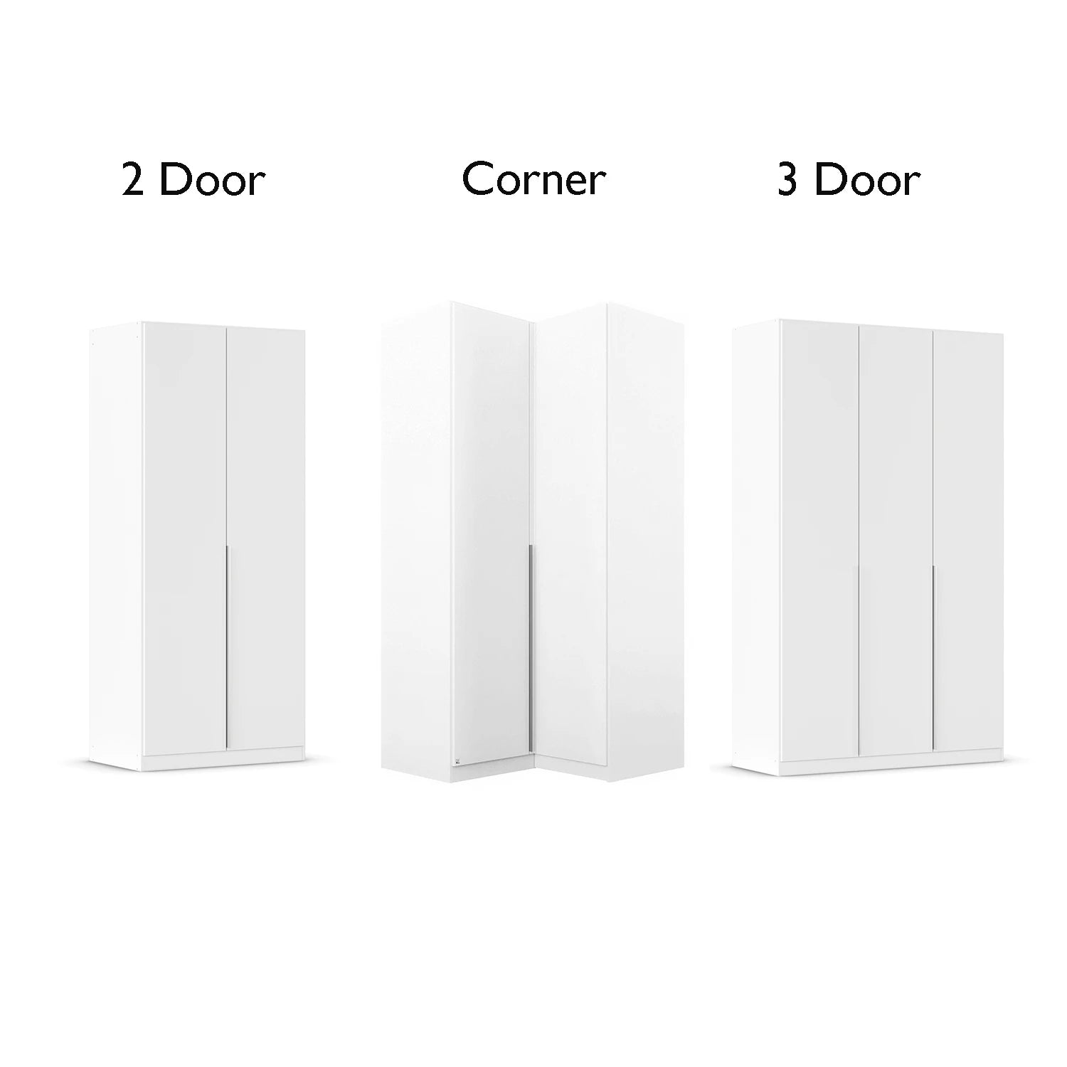 Three white wardrobe/cabinet options labeled '2 Door', 'Corner', and '3 Door' on a light gray background.