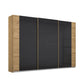 Wardrobe with black sliding doors and wooden frames on a white background