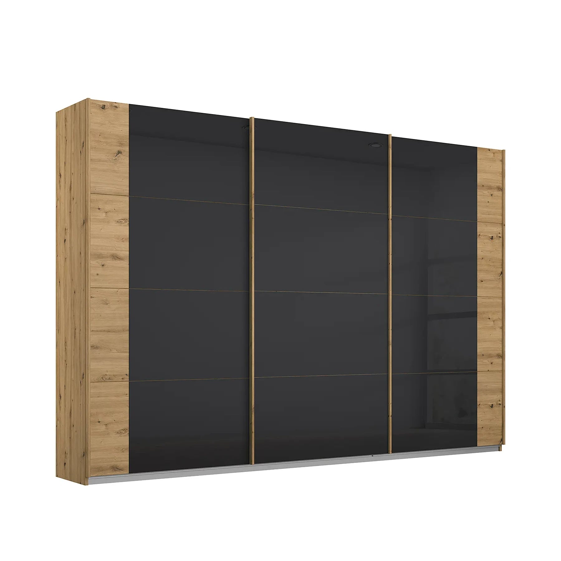 Wardrobe with black sliding doors and wooden frames on a white background