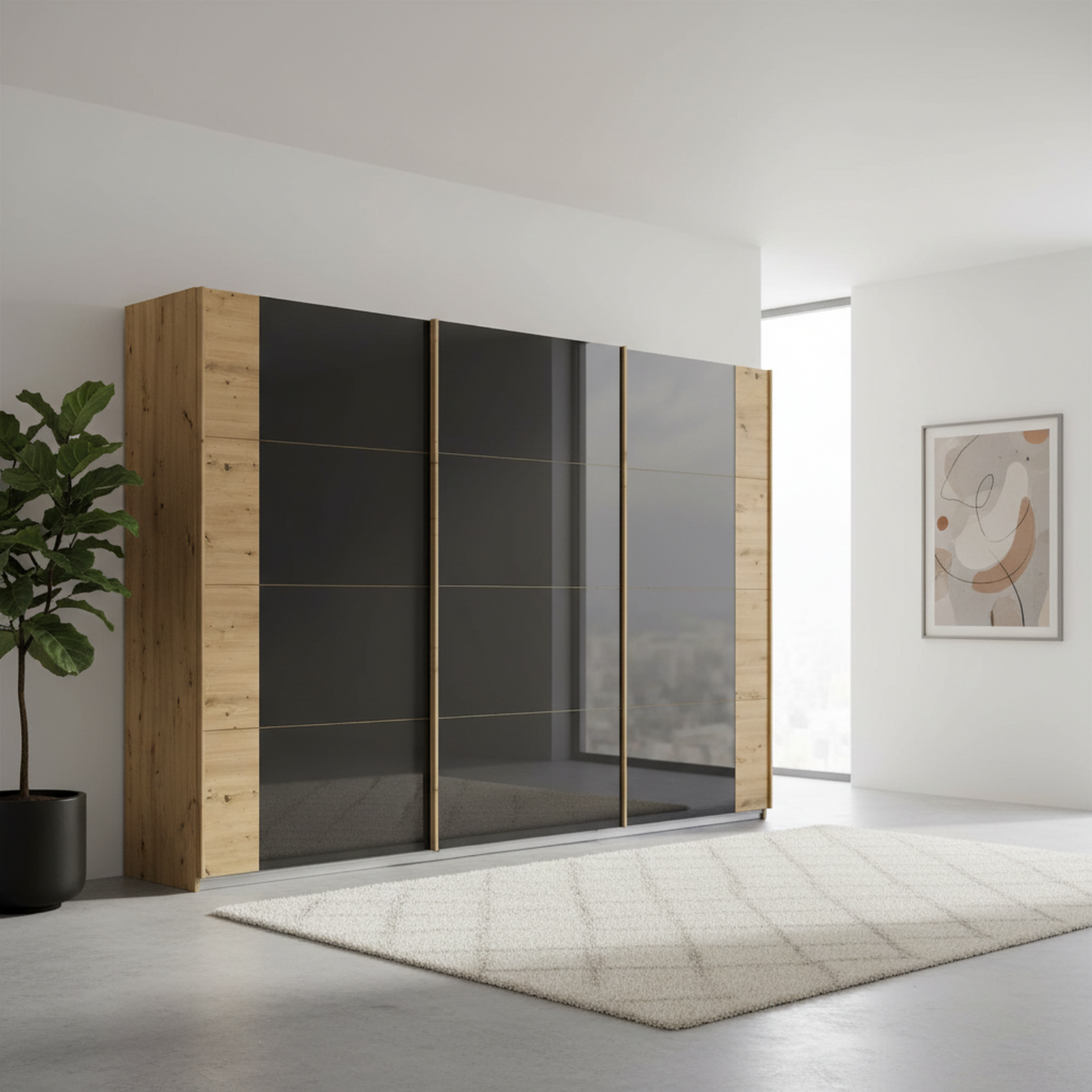 Artemis Oak & Champagne Glass 3 Door Sliding Wardrobe - W271cm