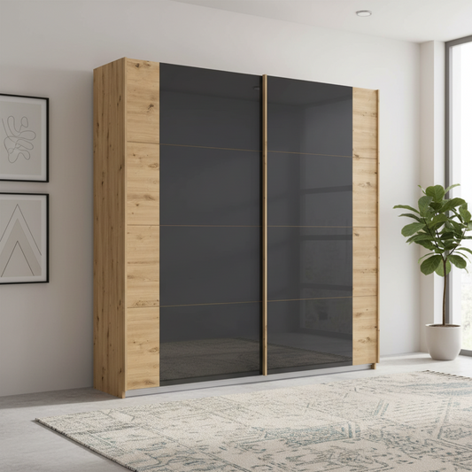 Artemis Oak & Champagne Glass 2 Door Sliding Wardrobe