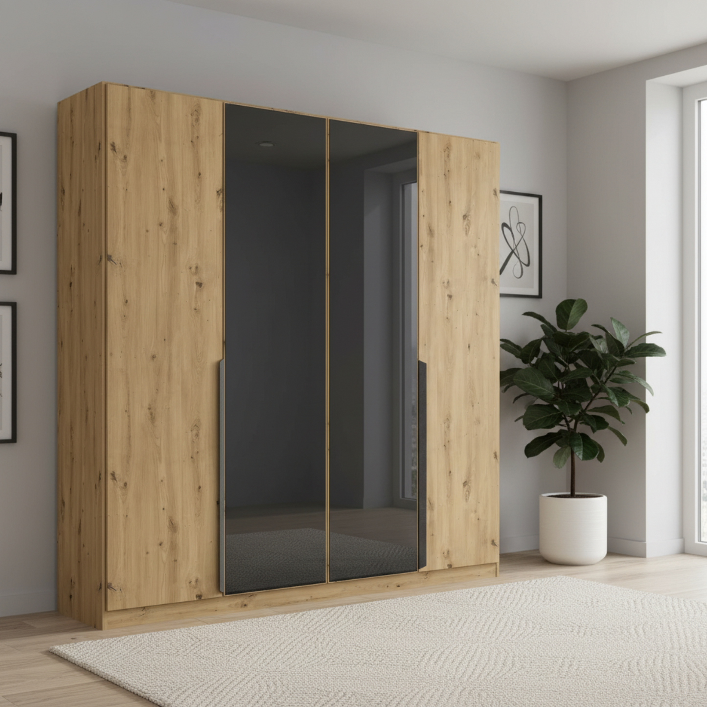 Artemis Oak & Champagne Glass 4 Door Hinged Wardrobe