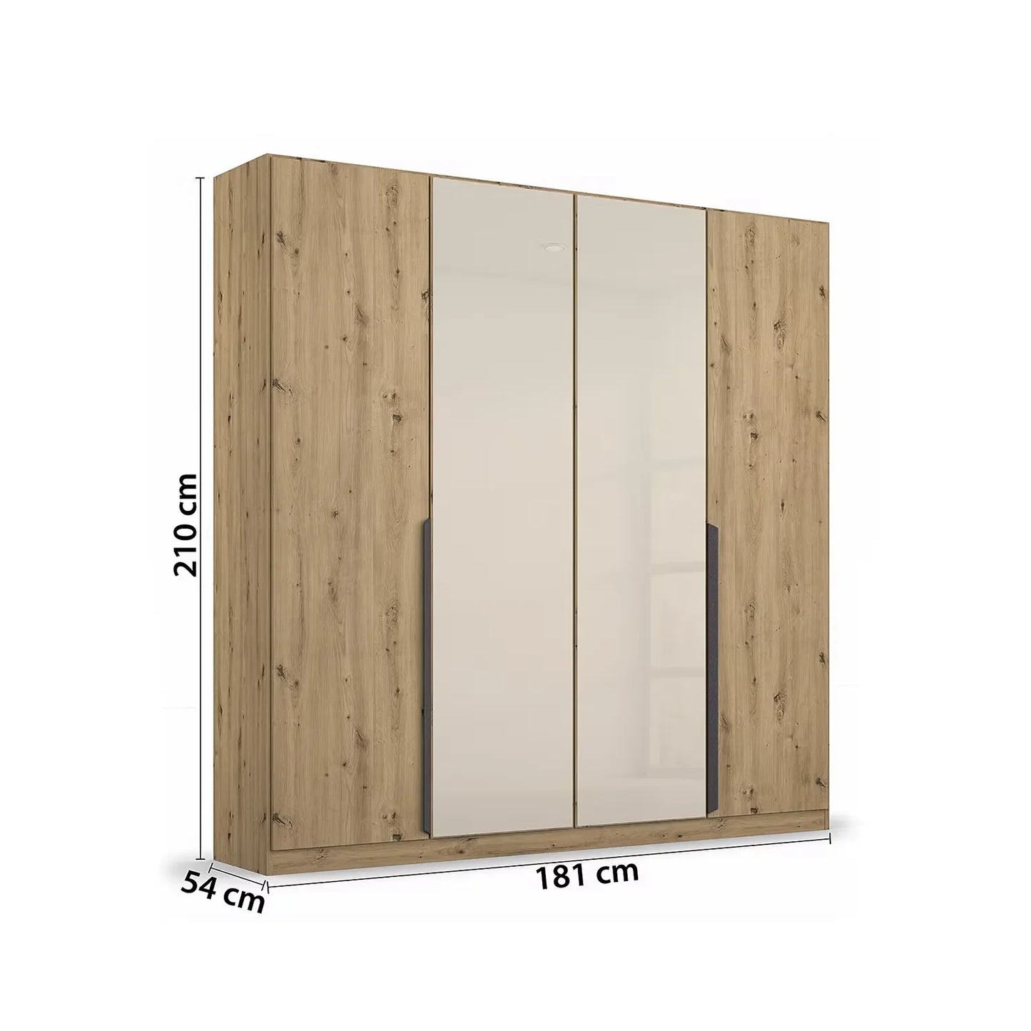 Wooden wardrobe with glass doors and dimensions on a white background
