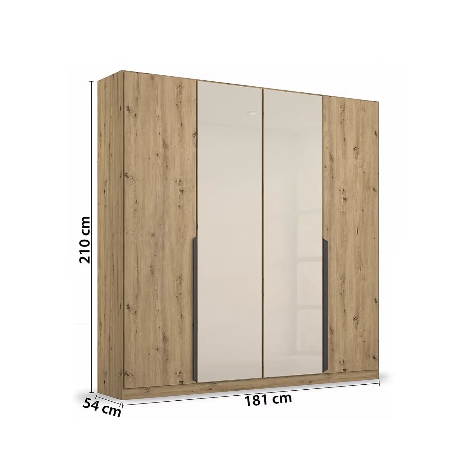Wooden wardrobe with glass doors and dimensions on a white background