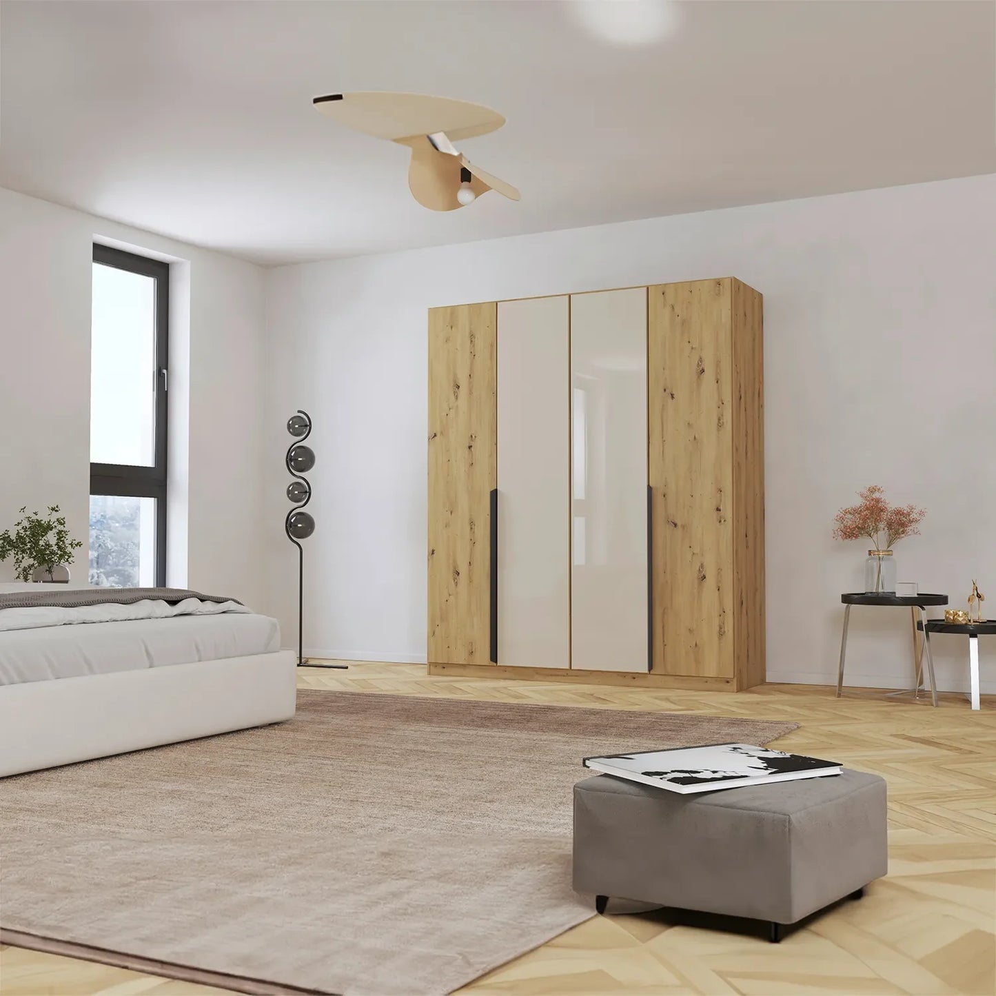 Styled in a room Artemis Oak & Champagne Glass 4 Door Hinged Wardrobe