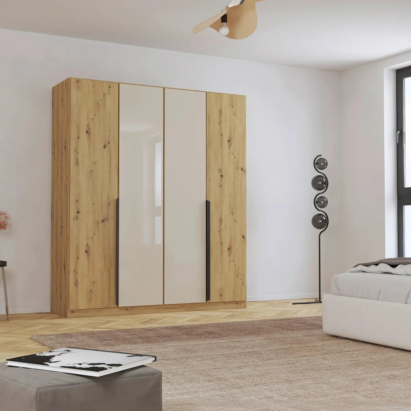 Artemis Oak & Champagne Glass 4 Door Hinged Wardrobe - Styled in a room