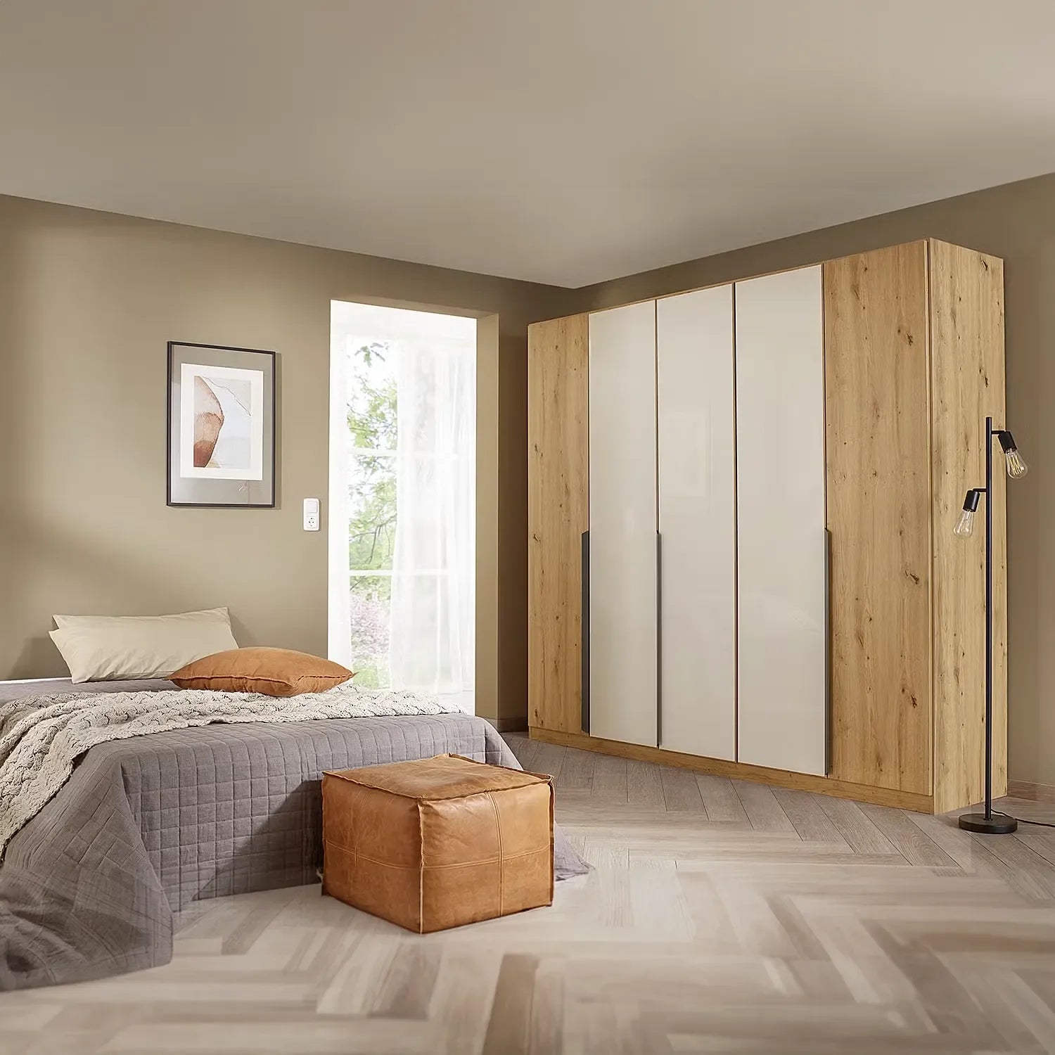 Artemis Oak & Champagne Glass 5 Door Hinged Wardrobe styled in a room