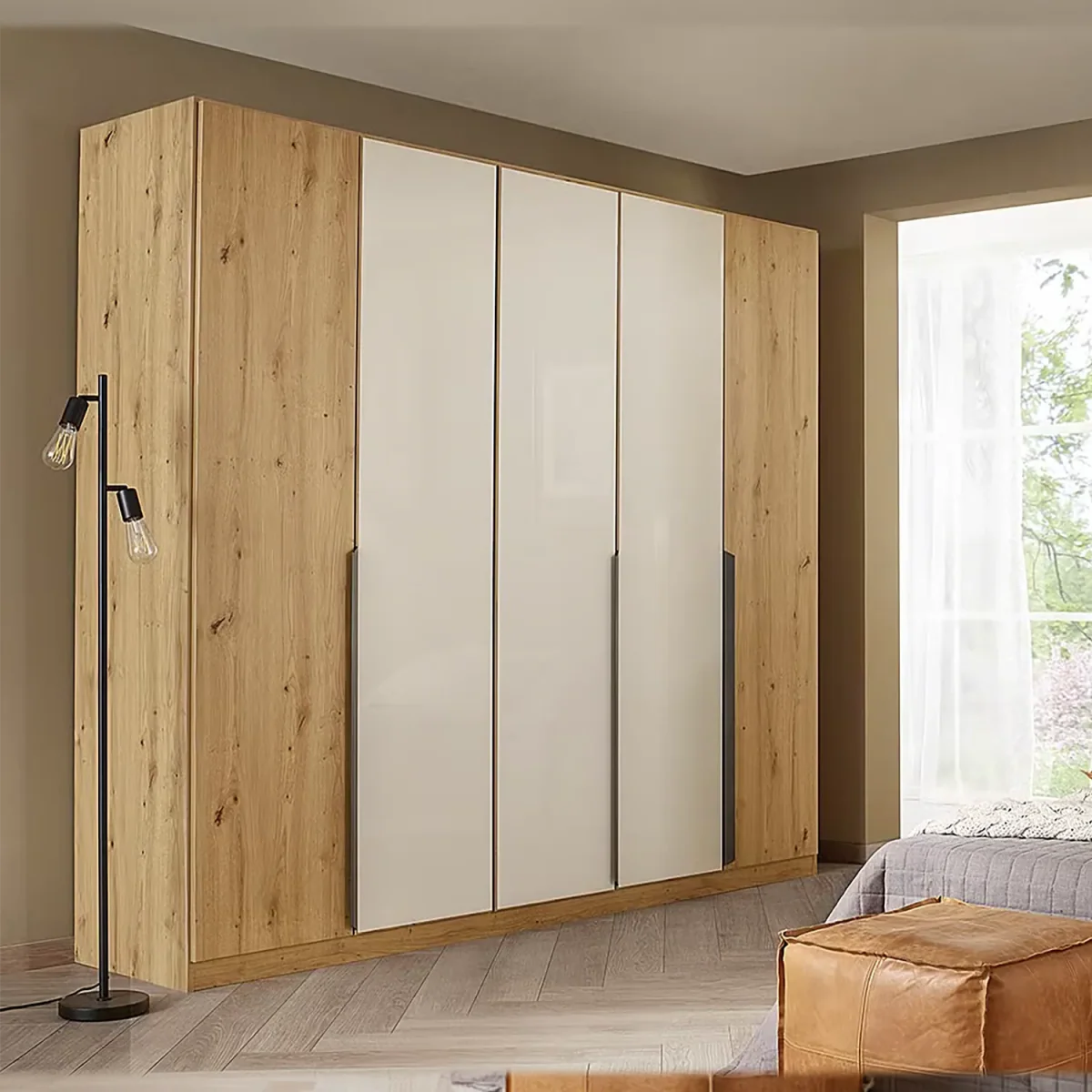Artemis Oak & Champagne Glass 5 Door Hinged Wardrobe Width 226cm  - Home of Wardrobes