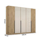 Artemis Oak & Champagne Glass 5 Door Hinged Wardrobe Width 226cm with dimensions on a white background