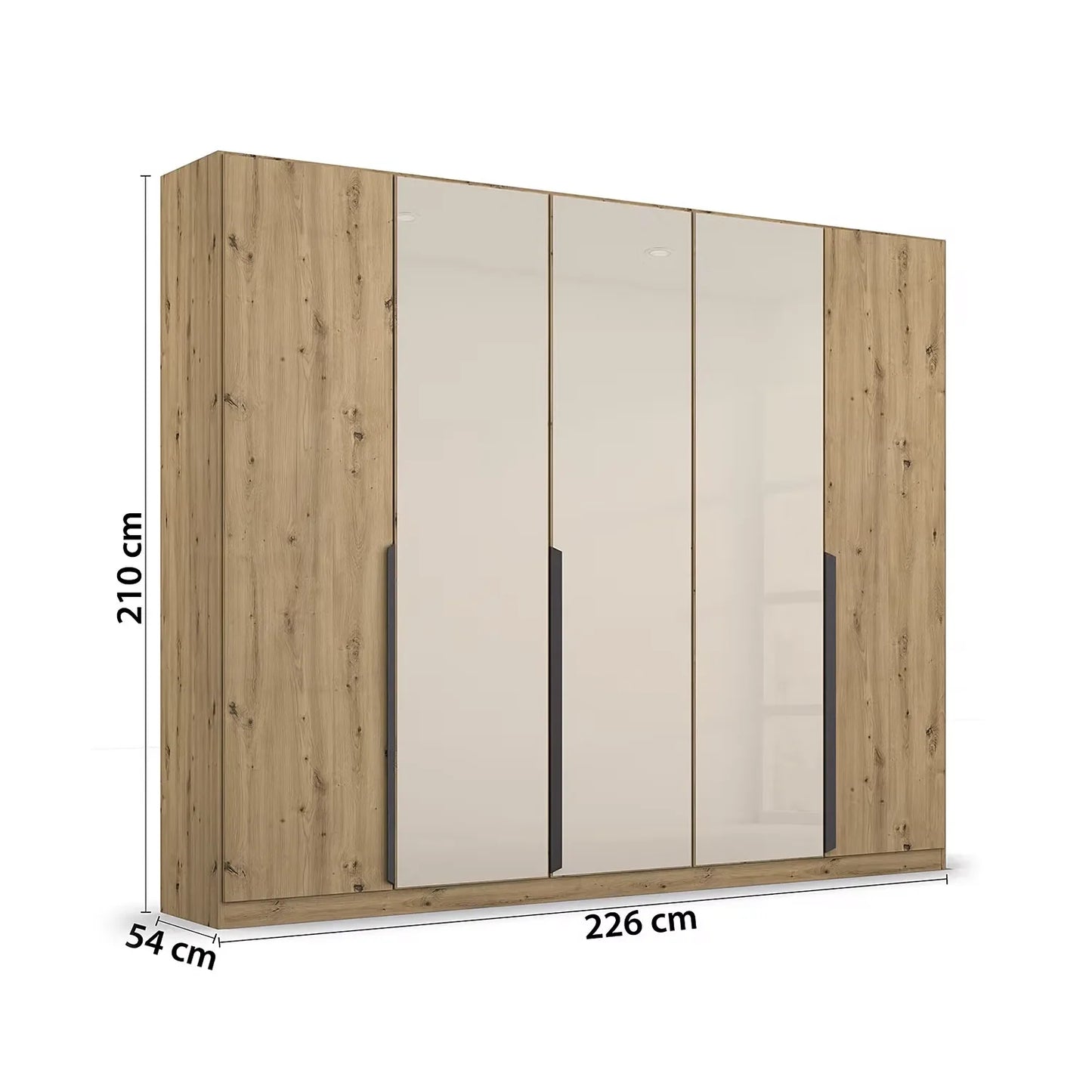 Artemis Oak & Champagne Glass 5 Door Hinged Wardrobe Width 226cm with dimensions on a white background