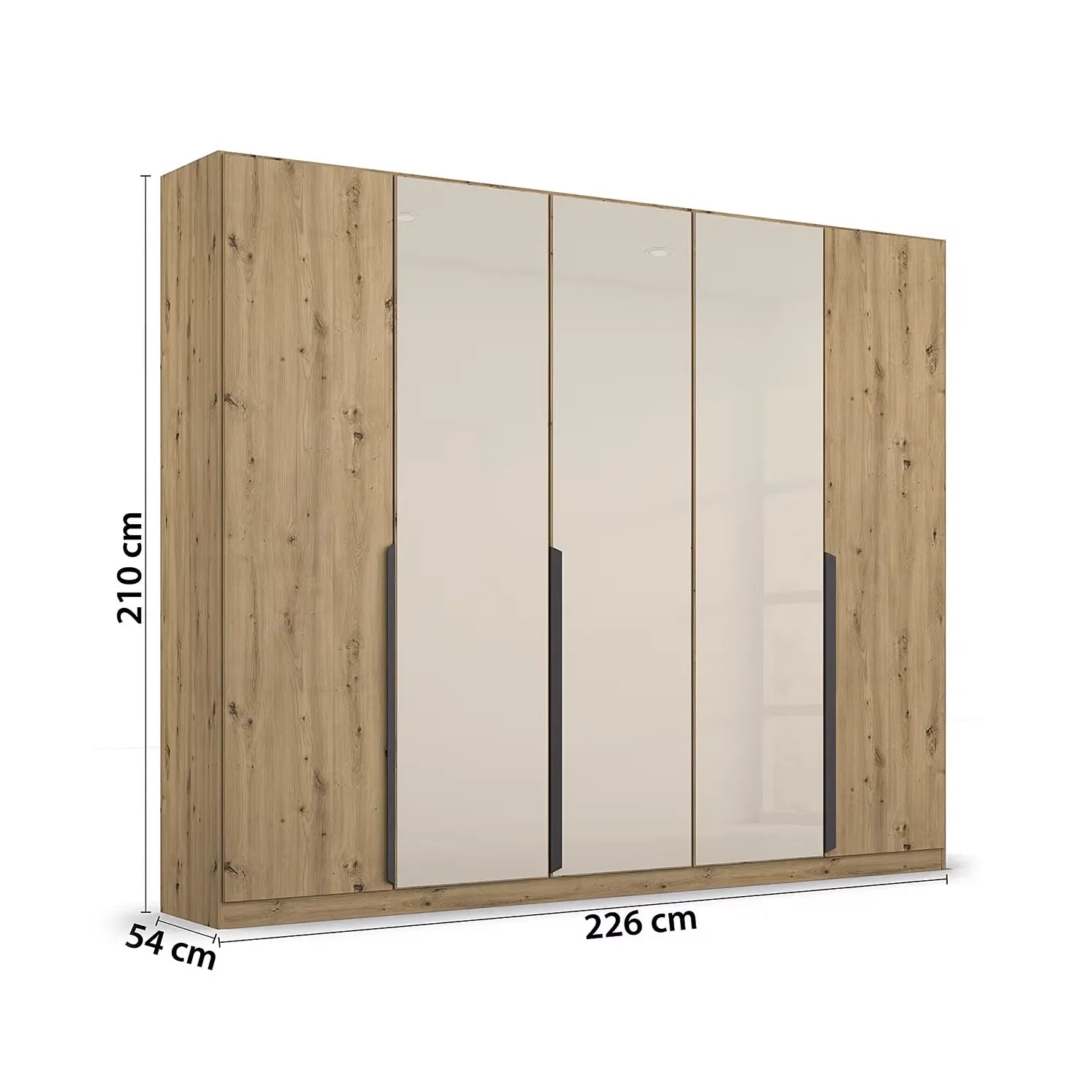 Artemis Oak & Champagne Glass 5 Door Hinged Wardrobe Width 226cm with dimensions on a white background