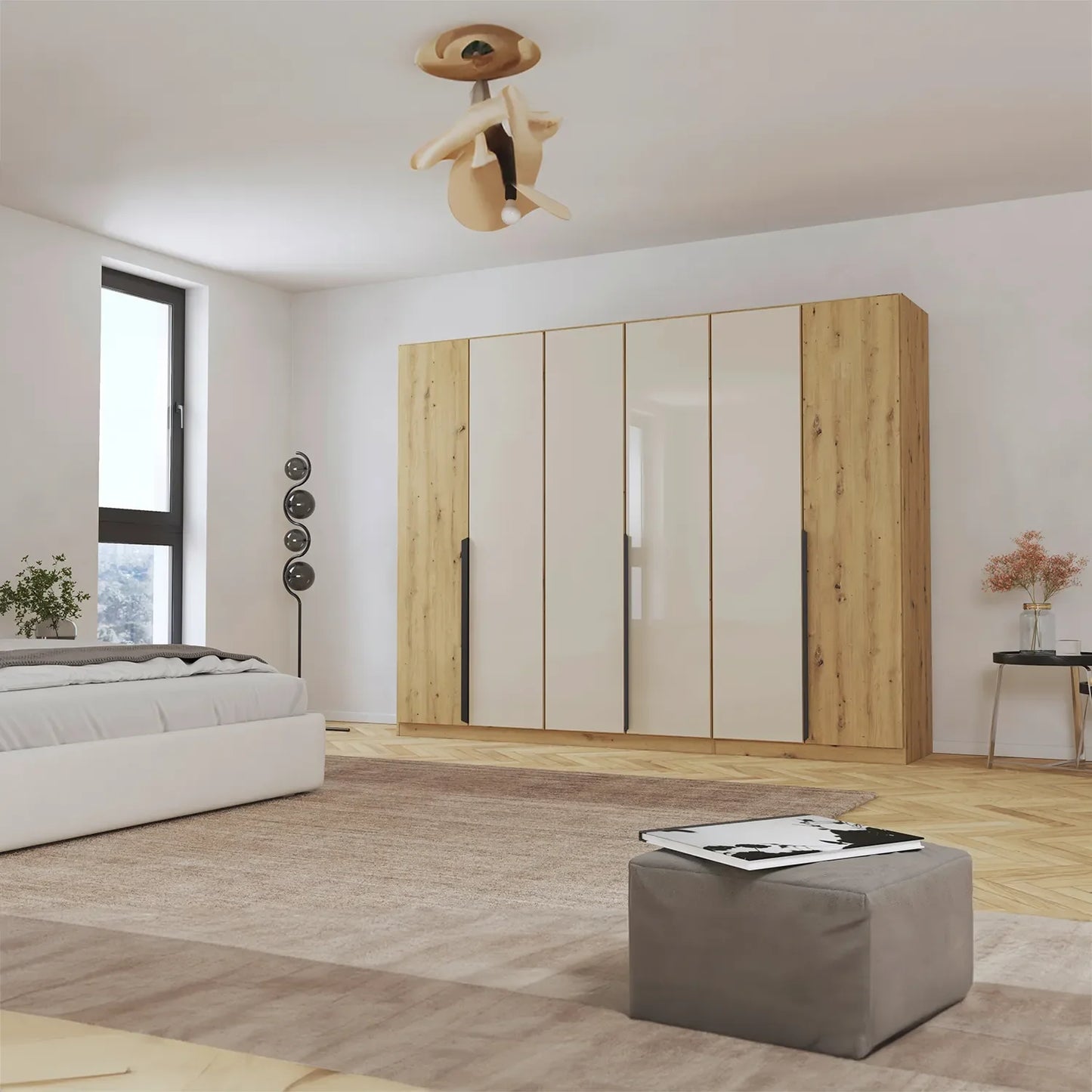 Artemis Oak & Champagne Glass 6 Door Hinged Wardrobe - 271cm - Pendle Village Furniture