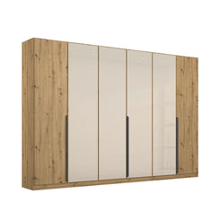 Artemis Oak & Champagne Glass 6 Door Hinged Wardrobe - 271cm - Pendle Village Furniture