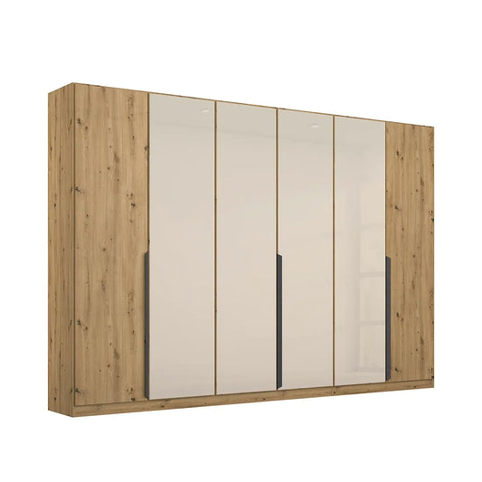Artemis Oak & Champagne Glass 6 Door Hinged Wardrobe - 271cm - Pendle Village Furniture