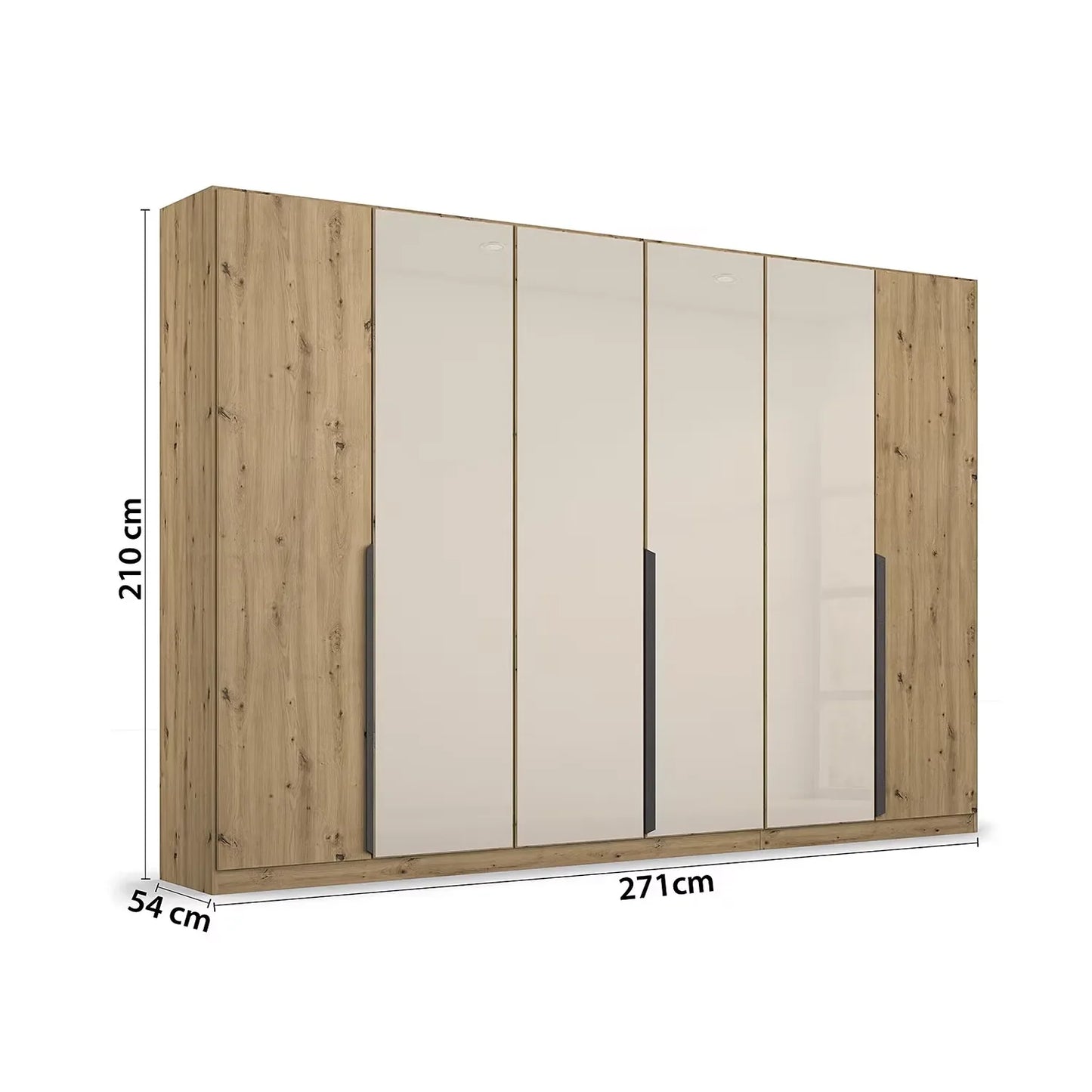 Artemis Oak & Champagne Glass 6 Door Hinged Wardrobe - 271cm - Pendle Village Furniture